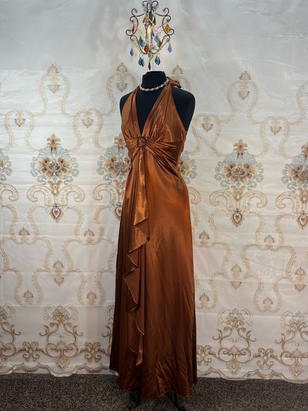 ✨Vintage Y2K Bronze Bedazzle Buckle Ruched Satin Formal Maxi Dress✨